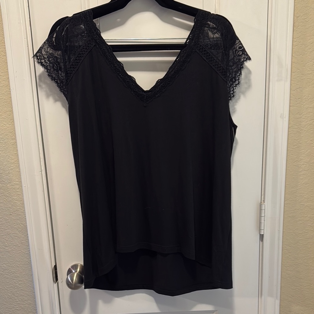 Black Lace Trim V-Neck Top